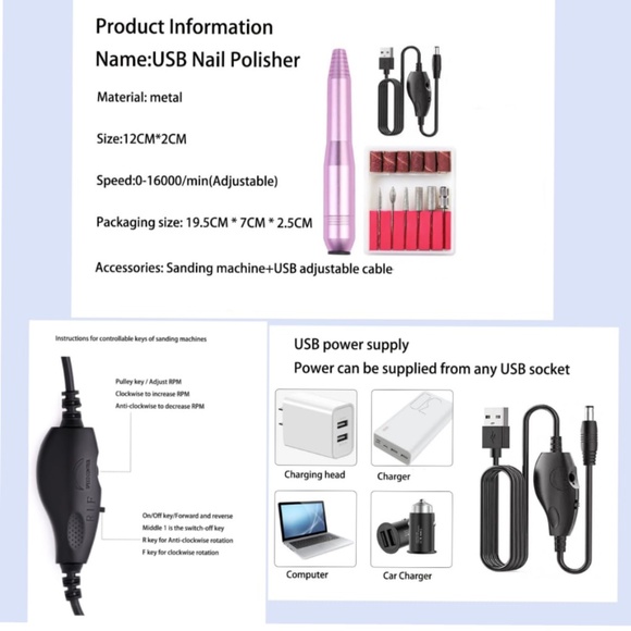 Pink Portable Electric Nail Drill USB - Picture 2 of 5